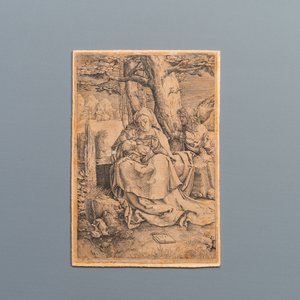 Lucas van Leyden (1494 - 1533), gravure sur papier, 16ème: La Vierge à l'Enfant et deux anges — photo 2
