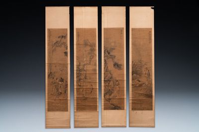 Luo Qing 羅清 (1821-1899): 'Four scrolls with figures in rocky landscapes', ink and colour on paper