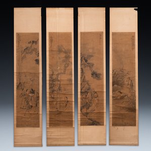 Luo Qing 羅清 (1821-1899): 'Vier scrolls met figuren in berglandschappen', inkt en kleur op papier — foto 1