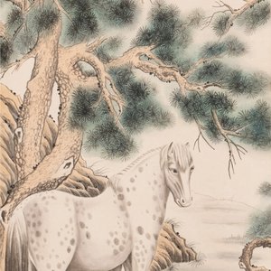 Ma Jin 馬晉 (1900-1970): 'Horse in the pine forest', ink and colour on paper, dated 1942 — foto 1