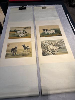Ma Jin 馬晉 (1900-1970): 'Sheep, Donkeys, Rabbits and a Polar bear', ink and colour on silk — foto 1