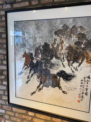 Ma Xinle 馬欣樂 (1963-): 'Douze chevaux dans la neige', encre et couleurs sur papier, daté 1993 — photo 1