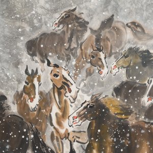 Ma Xinle 馬欣樂 (1963-): 'Douze chevaux dans la neige', encre et couleurs sur papier, daté 1993 — photo 3