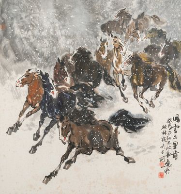 Ma Xinle 馬欣樂 (1963-): 'Twelve horses in the snow', ink and colour on paper, dated 1993