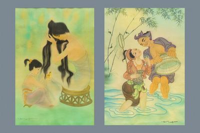 Mai Long (Vietnam, 1931): 'Mère et enfant' et 'La pêche en rivière', encre et couleur sur soie