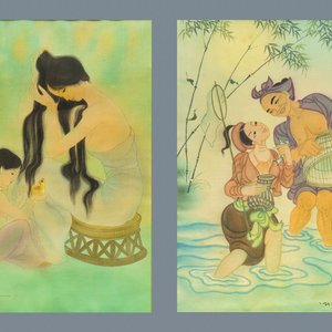 Mai Long (Vietnam, 1931): 'Mère et enfant' et 'La pêche en rivière', encre et couleur sur soie — photo 1