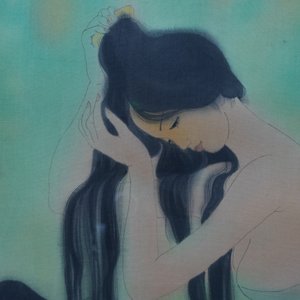 Mai Long (Vietnam, 1931): 'Mère et enfant' et 'La pêche en rivière', encre et couleur sur soie — photo 13