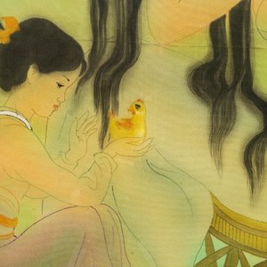 Mai Long (Vietnam, 1931): 'Mère et enfant' et 'La pêche en rivière', encre et couleur sur soie — photo 4