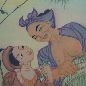 Mai Long (Vietnam, 1931): 'Mère et enfant' et 'La pêche en rivière', encre et couleur sur soie — photo 10