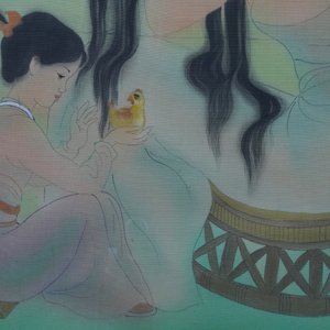 Mai Long (Vietnam, 1931): 'Moeder en kind' en 'Vissen in de rivier', inkt en aquarel op zijde — foto 14