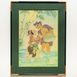 Mai Long (Vietnam, 1931): 'Moeder en kind' en 'Vissen in de rivier', inkt en aquarel op zijde — foto 6
