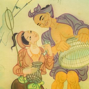 Mai Long (Vietnam, 1931): 'Moeder en kind' en 'Vissen in de rivier', inkt en aquarel op zijde — foto 7