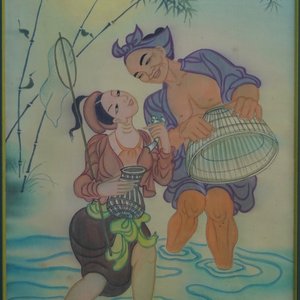 Mai Long (Vietnam, 1931): 'Moeder en kind' en 'Vissen in de rivier', inkt en aquarel op zijde — foto 9