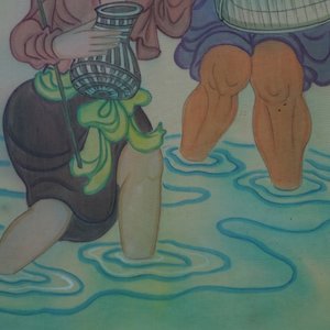 Mai Long (Vietnam, 1931): 'Mother and child' and 'Fishing on the river', ink and color on silk — photo 11