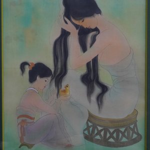 Mai Long (Vietnam, 1931): 'Mother and child' and 'Fishing on the river', ink and color on silk — photo 12