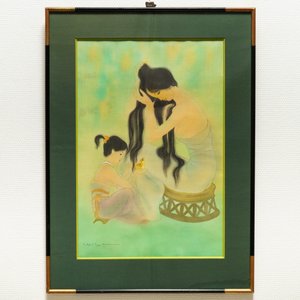 Mai Long (Vietnam, 1931): 'Mother and child' and 'Fishing on the river', ink and color on silk — photo 2