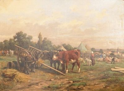 Martin Coulaud (France, 1860-1906), Animaux reposants auprès d'une marché, huile sur toile