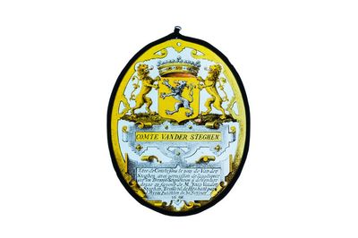 Médaillon en verre peint à décor armorié et inscrit 'Comte van der Steghen', daté 1698