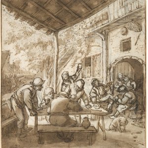 Médaillon en verre peint à décor des 'Joueurs de trictrac' d'après Adriaen van Ostade, Pays-Bas méridionaux, 17/18ème — photo 3