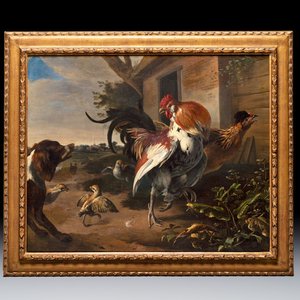 Melchior d'Hondecoeter (1636-1695): 'Poultry Startled by a Spaniel', oil on canvas, signed, 17th C. — photo 1