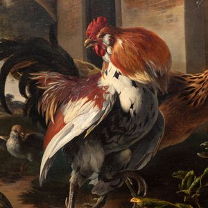 Melchior d'Hondecoeter (1636-1695): 'Poultry Startled by a Spaniel', oil on canvas, signed, 17th C. — photo 2