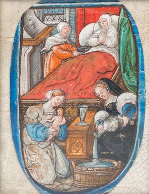 Miniature on paper: 'Birth of the Virgin', part of a historiated initial from an illuminated manuscript, 15th C.