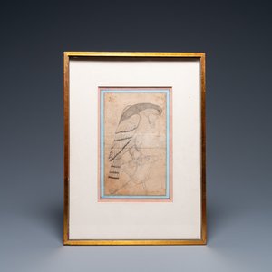 Miniature persane: 'Un faucon debout', crayon sur papier, 18/19ème — photo 2