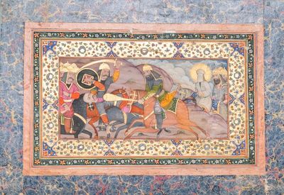 Miniature qajare: 'La bataille de Karbala', gouache et dorure sur papier, Iran, 19/20ème