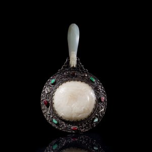 Miroir à main en argent incrusté de jade blanc et de pierres précieuses, 19/20ème siècle — photo 2