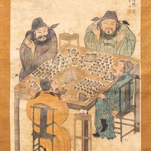 Naar You Qiu (ca. 1525-1580), druk opgehoogd met inkt en kleur op papier: 'Vier mahjong-spelers', 20e eeuw — foto 2