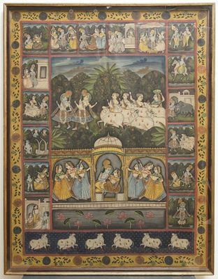 Nathdwara school, Rajasthan, India: Krishna and Radha, pigments with gold on textile, 19/20th C.
