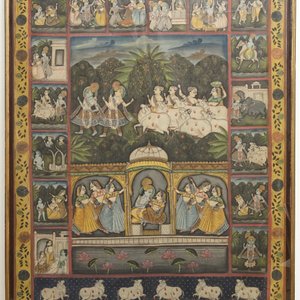 Nathdwara school, Rajasthan, India: Krishna en Radha, pigmenten met goudophoging op textiel, 19/20e eeuw — foto 1