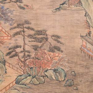 Navolger van Qiu Ying 仇英 (1494-1552): 'Berglandschap met paviljoenen', inkt en kleur op zijde, gedateerd 1545 maar wellicht later — foto 6