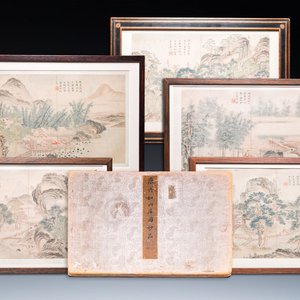 Navolger van Tang Yin 唐寅 (1470-1524): Vijf landschappen en een album met twee landschappen, inkt en kleur op zijde, 20e eeuw — foto 1