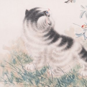 Navolger van Wang Xuetao 王雪濤 (1903-1982): 'Kat en bidsprinkhaan', inkt en kleur op papier, gedateerd 1945 — foto 6