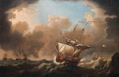 Navolger van Willem van de Velde (1633-1707): 'Marine met vier Britse schepen op zee', olie op doek