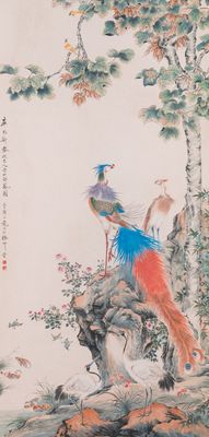 Navolger van Yan Bolong 顏伯龍 (1898-1955): 'Twee pauwen en twee kraanvogels', inkt en kleur op papier
