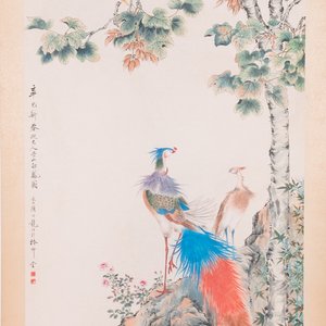 Navolger van Yan Bolong 顏伯龍 (1898-1955): 'Twee pauwen en twee kraanvogels', inkt en kleur op papier — foto 2