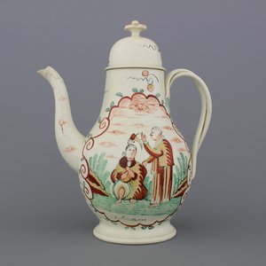 Nederlands beschilderde Engelse 'creamware' koffiekan met deksel, Leeds, 18e eeuw — foto 1