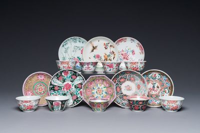 Negen Chinese famille rose koppen en acht schotels, Yongzheng/Qianlong
