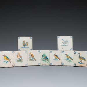 Neuf carreaux en faïence de Delft polychrome à décor d'oiseaux, 17ème — photo 1