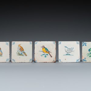 Neuf carreaux en faïence de Delft polychrome à décor d'oiseaux, 17ème — photo 2