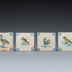 Neuf carreaux en faïence de Delft polychrome à décor d'oiseaux, 17ème — photo 3
