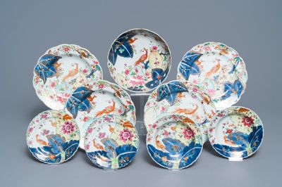 Neuf pièces en porcelaine de Chine famille rose à décor 'Feuille de tabac', Qianlong