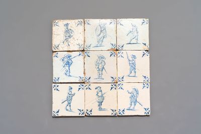 Nine blue and white Dutch Delft 'soldier' tiles, 17th C.