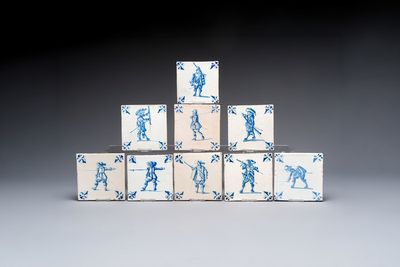 Nine blue and white Dutch Delft 'Soldier' tiles, 17th C.