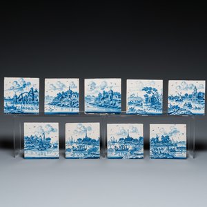 Nine blue and white Dutch Delft tiles with continuous landscape scenes, 18th C. — 照片 1