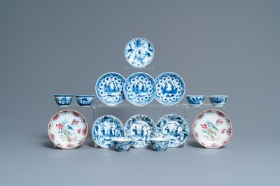 Nine Chinese blue and white and famille rose saucers and six cups, Kangxi/Qianlong