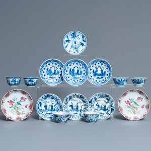 Nine Chinese blue and white and famille rose saucers and six cups, Kangxi/Qianlong — photo 1