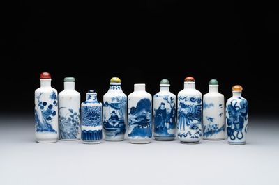 Nine Chinese blue and white snuff bottles, Kangxi and Qianlong mark, 19th C.